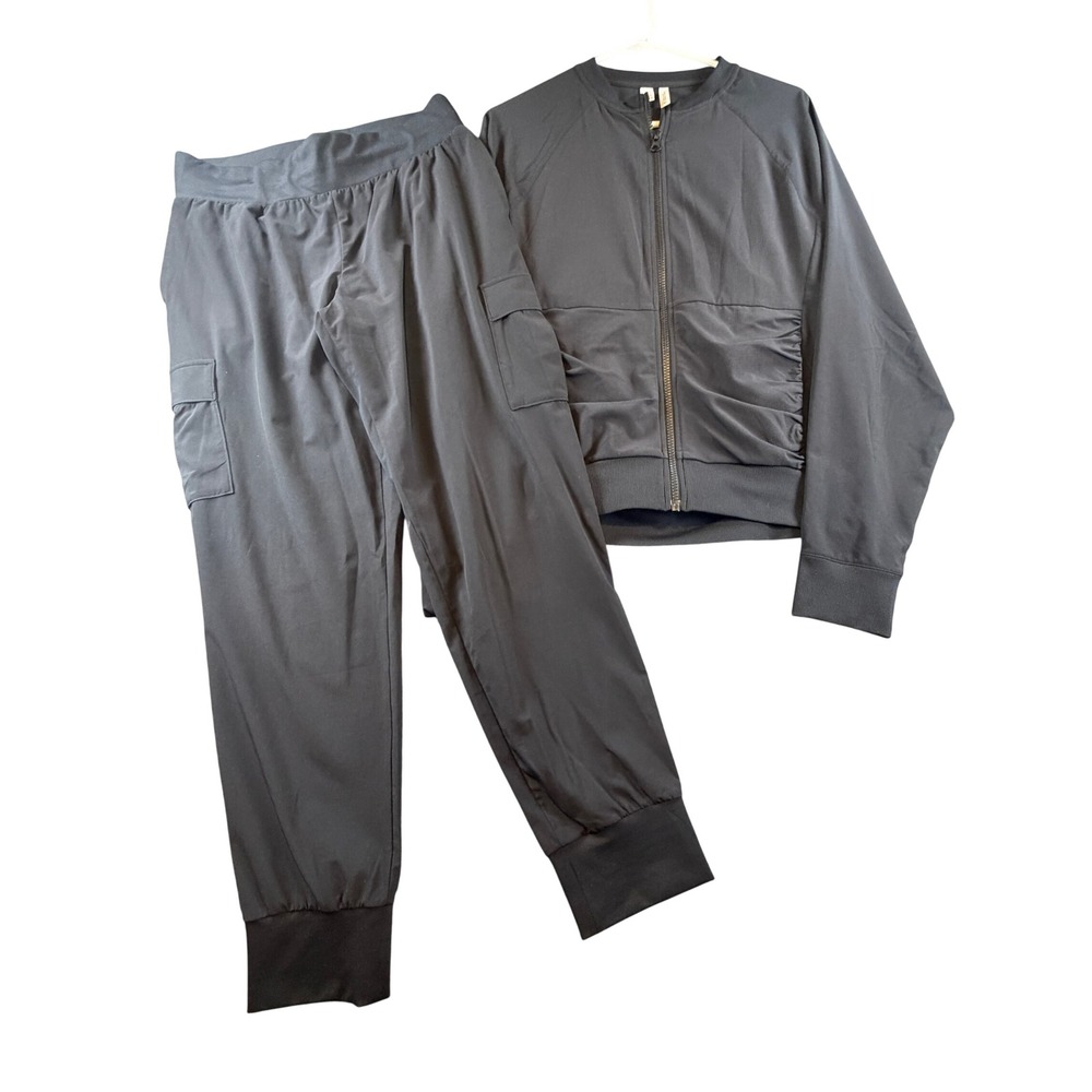 Z by Zella Black 2 Piece Tracksuit Set Ruched Zip Jacket Cargo Joggers Medium
